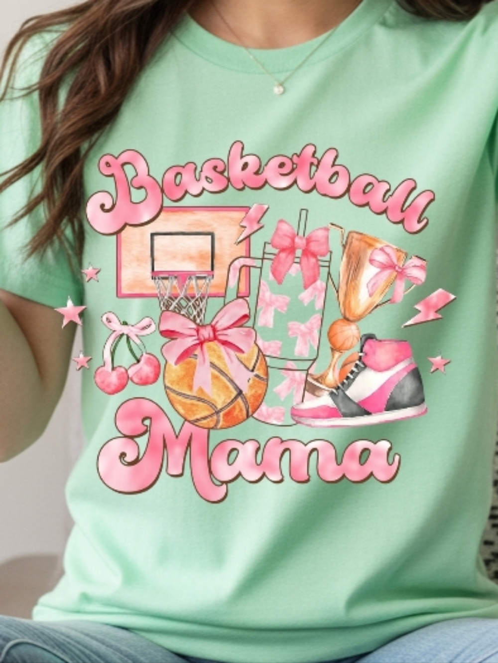 Gildan Mint Green "Basketball Mama" Short Sleeve Tee with Pink Graphic